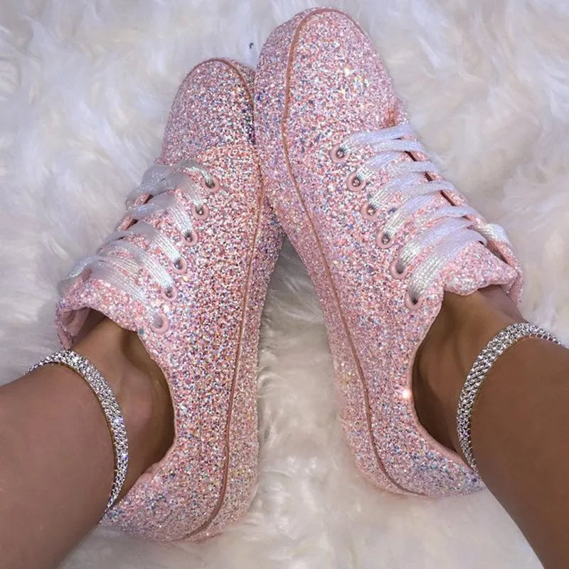 2022 Women Lace Up Sneakers Glitter Autumn Flat Vulcanized Ladies Bling Casual Female Fashion Platform Fashion Flat Shoes New